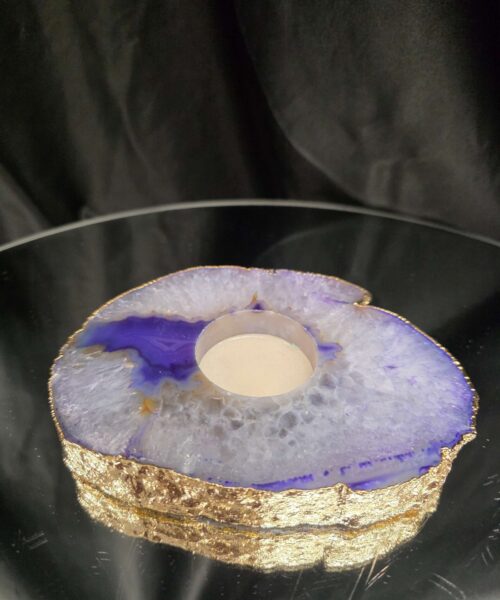 Large Purple Agate Slice 3 Handpicked 438g H2xW13xD10cm Microcrystalline Quartz Gold Gilded 24ct Tealight Candle Holder