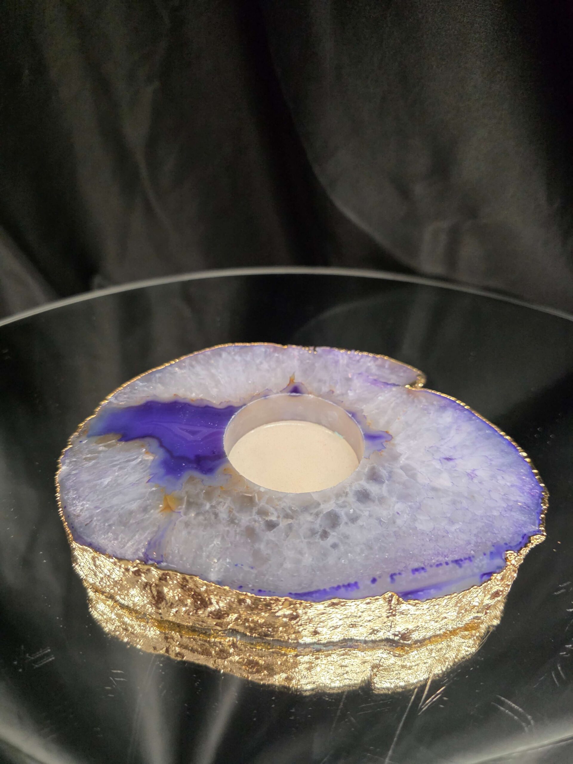 Large Purple Agate Slice 3 Handpicked 438g H2xW13xD10cm Microcrystalline Quartz Gold Gilded 24ct Tealight Candle Holder