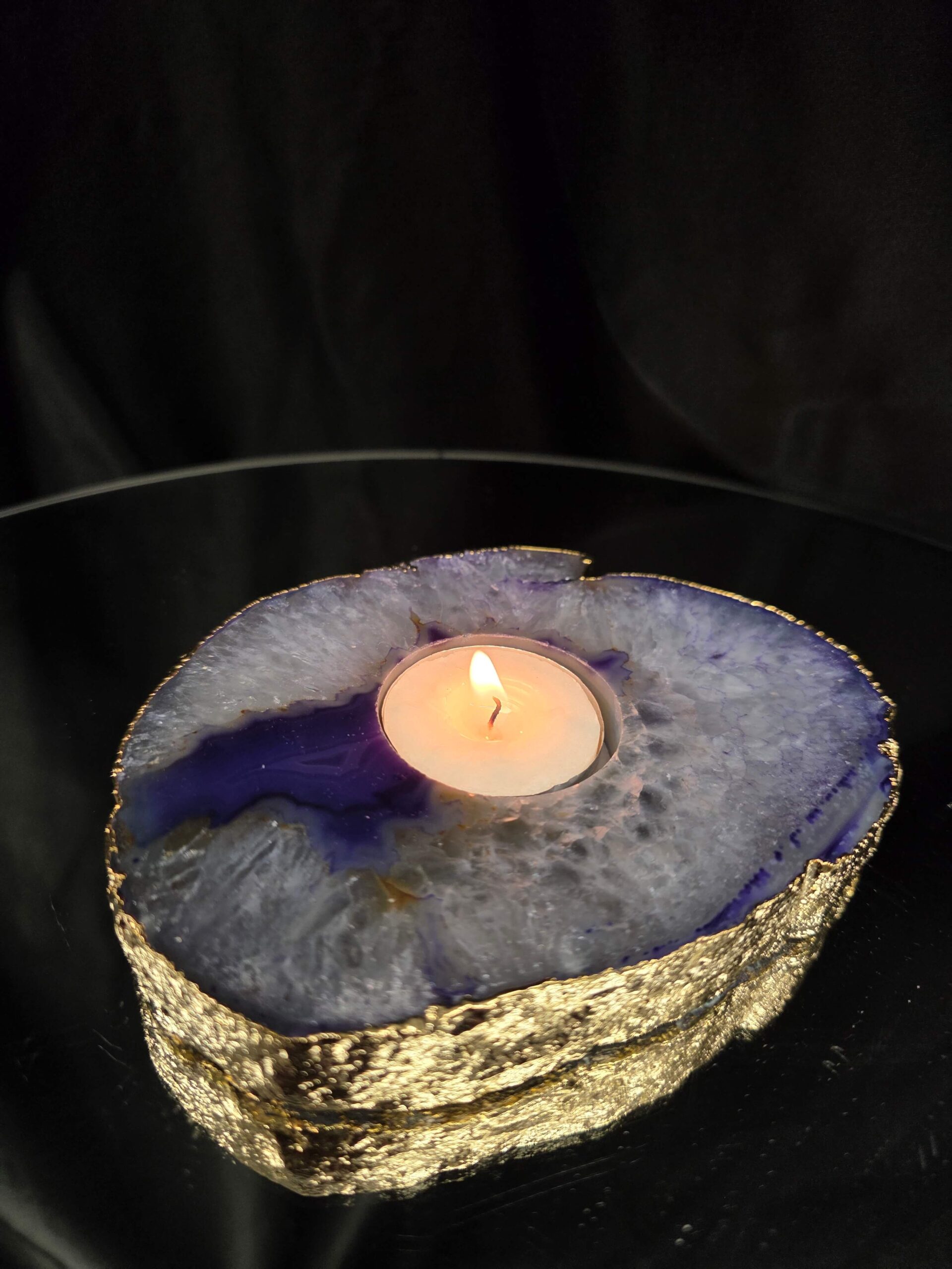 Large Purple Agate Slice 3 Handpicked 438g H2xW13xD10cm Microcrystalline Quartz Gold Gilded 24ct Tealight Candle Holder - Image 10