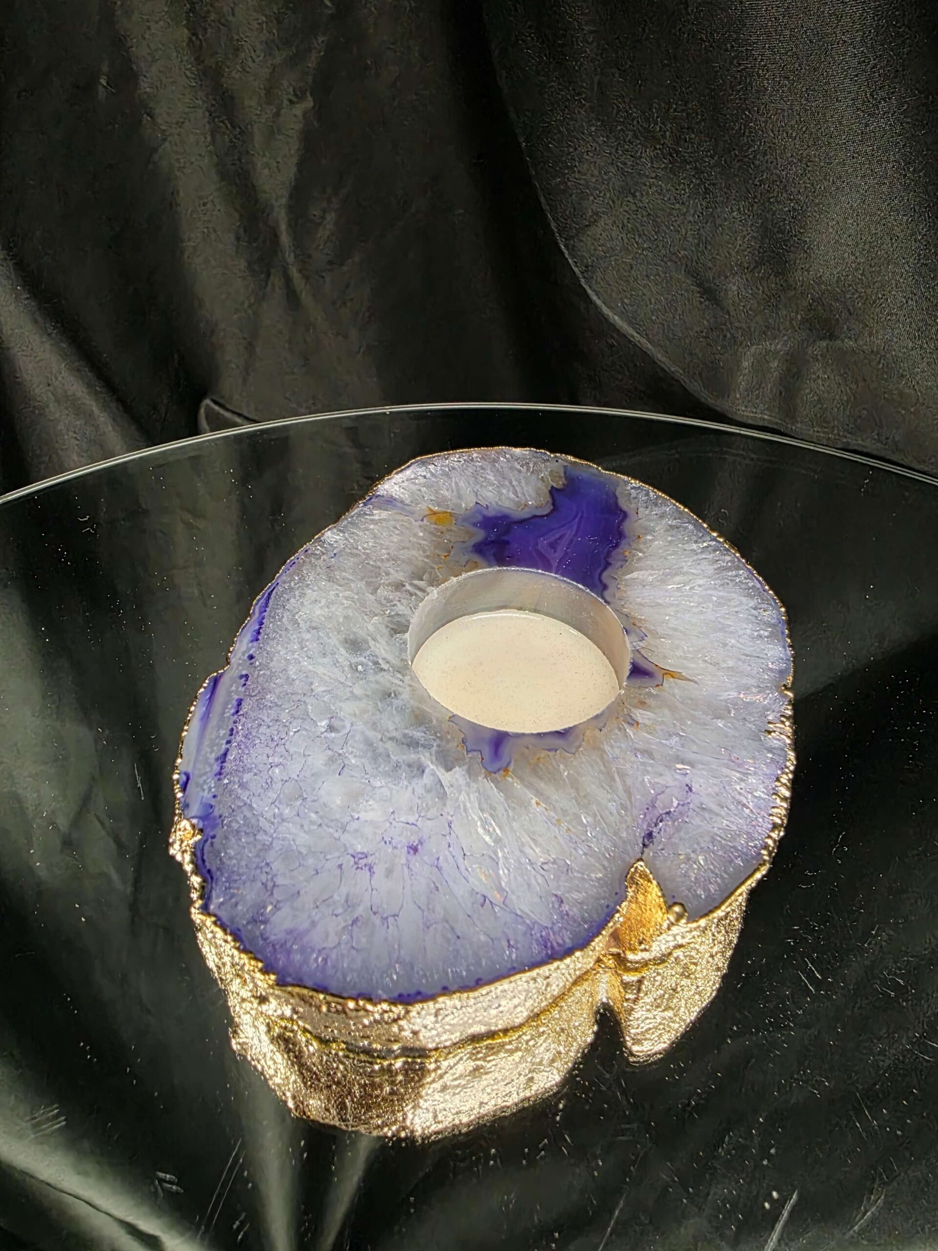 Large Purple Agate Slice 3 Handpicked 438g H2xW13xD10cm Microcrystalline Quartz Gold Gilded 24ct Tealight Candle Holder - Image 2