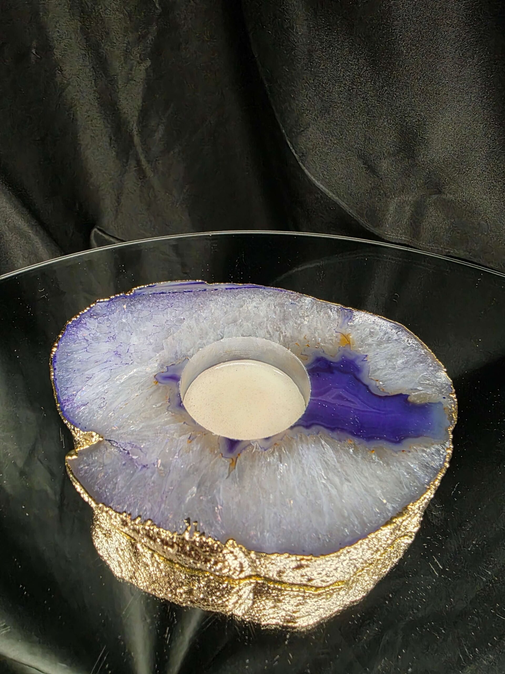 Large Purple Agate Slice 3 Handpicked 438g H2xW13xD10cm Microcrystalline Quartz Gold Gilded 24ct Tealight Candle Holder - Image 3