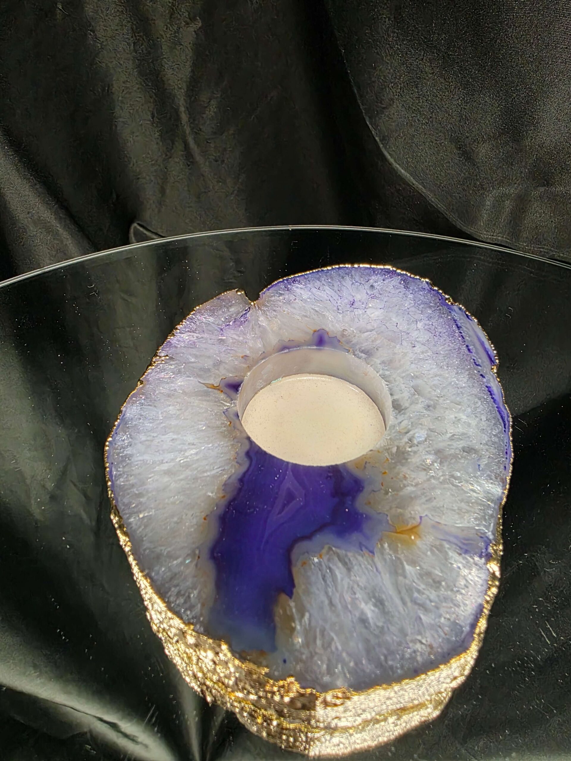 Large Purple Agate Slice 3 Handpicked 438g H2xW13xD10cm Microcrystalline Quartz Gold Gilded 24ct Tealight Candle Holder - Image 4