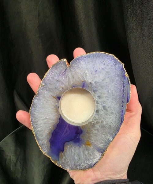 Large Purple Agate Slice 3 Handpicked 438g H2xW13xD10cm Microcrystalline Quartz Gold Gilded 24ct Tealight Candle Holder - Image 5
