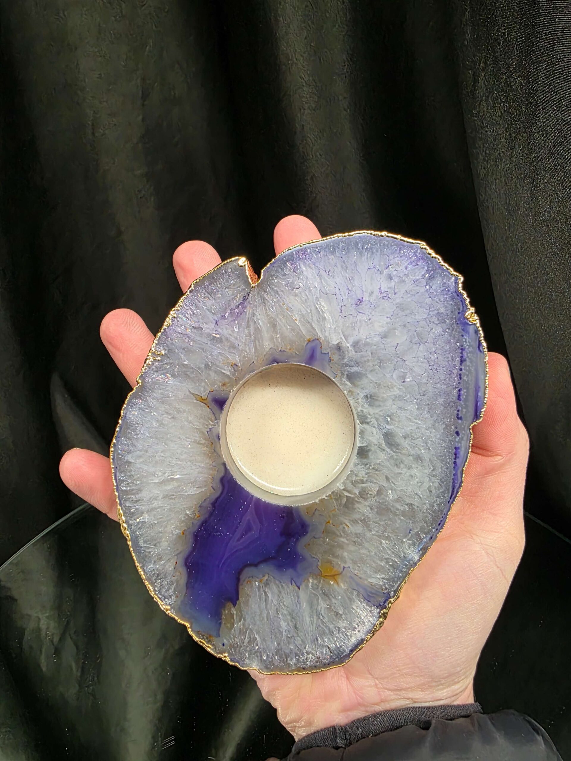 Large Purple Agate Slice 3 Handpicked 438g H2xW13xD10cm Microcrystalline Quartz Gold Gilded 24ct Tealight Candle Holder - Image 5