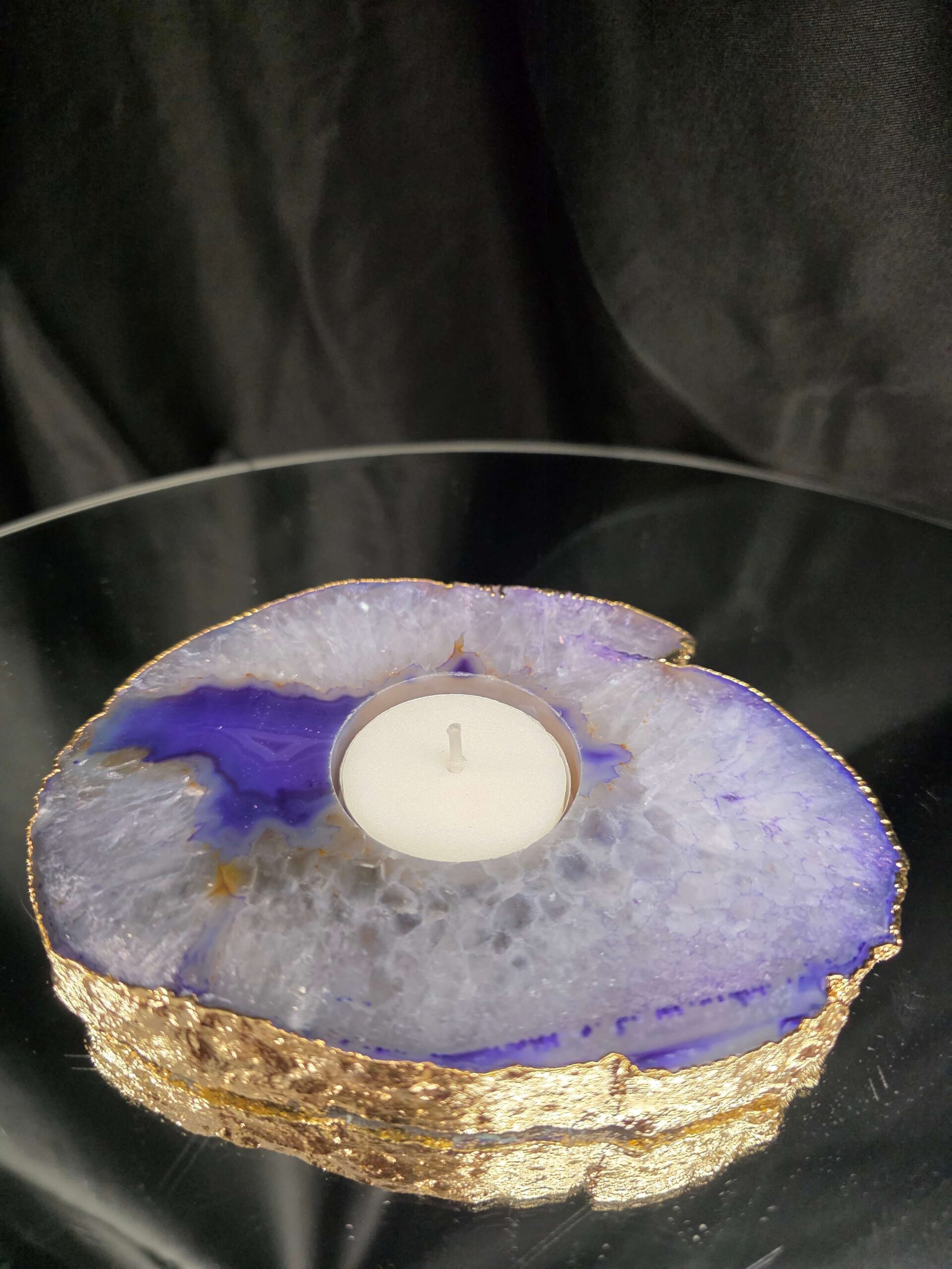 Large Purple Agate Slice 3 Handpicked 438g H2xW13xD10cm Microcrystalline Quartz Gold Gilded 24ct Tealight Candle Holder - Image 7