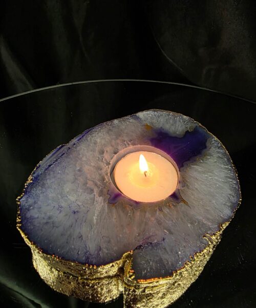 Large Purple Agate Slice 3 Handpicked 438g H2xW13xD10cm Microcrystalline Quartz Gold Gilded 24ct Tealight Candle Holder - Image 9
