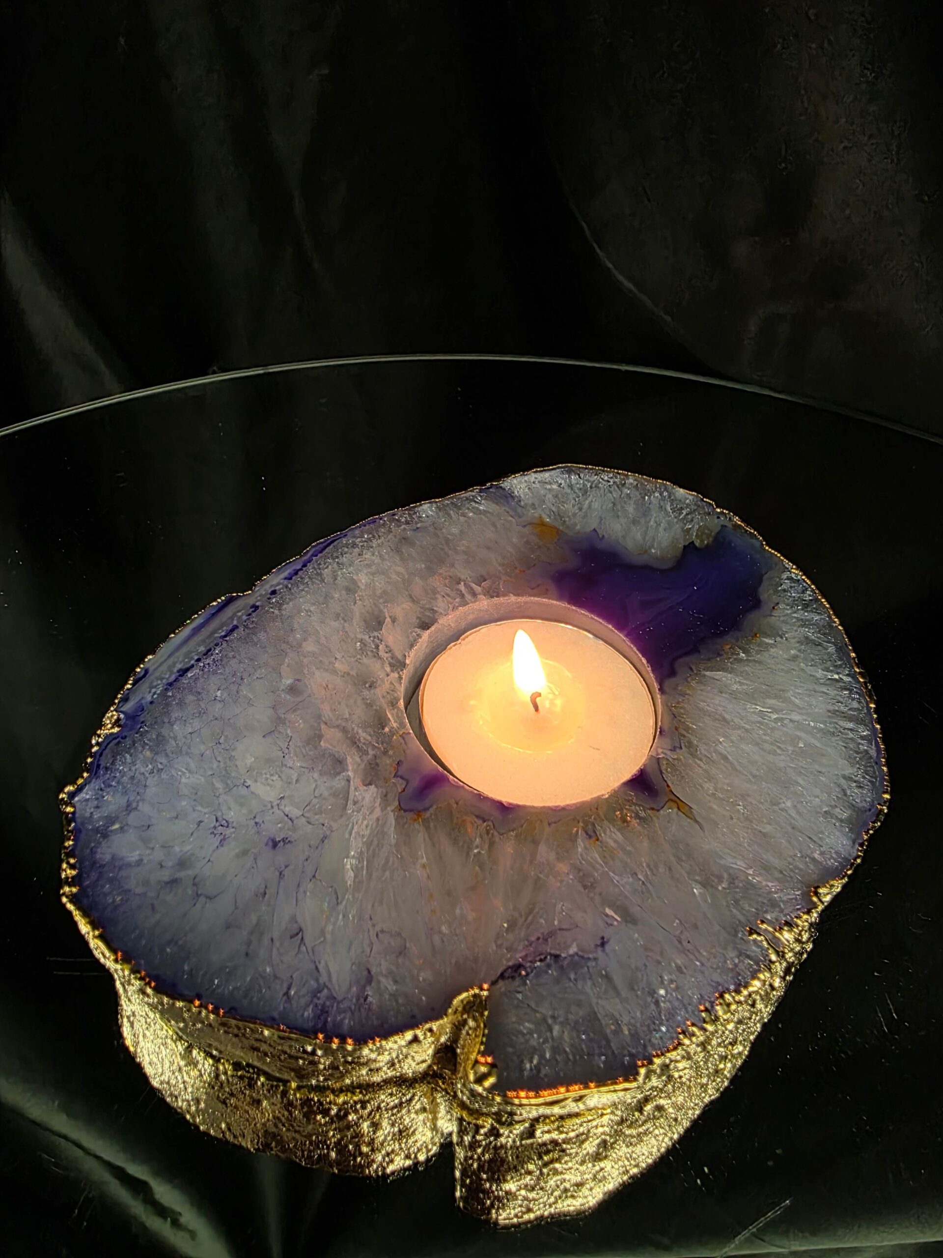 Large Purple Agate Slice 3 Handpicked 438g H2xW13xD10cm Microcrystalline Quartz Gold Gilded 24ct Tealight Candle Holder - Image 9