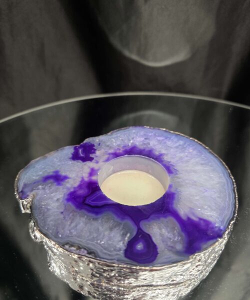 Purple Agate Slice 2 Handpicked 404g H2xW13xD11cm Microcrystalline Quartz Silver Gilded Tealight Candle Holder