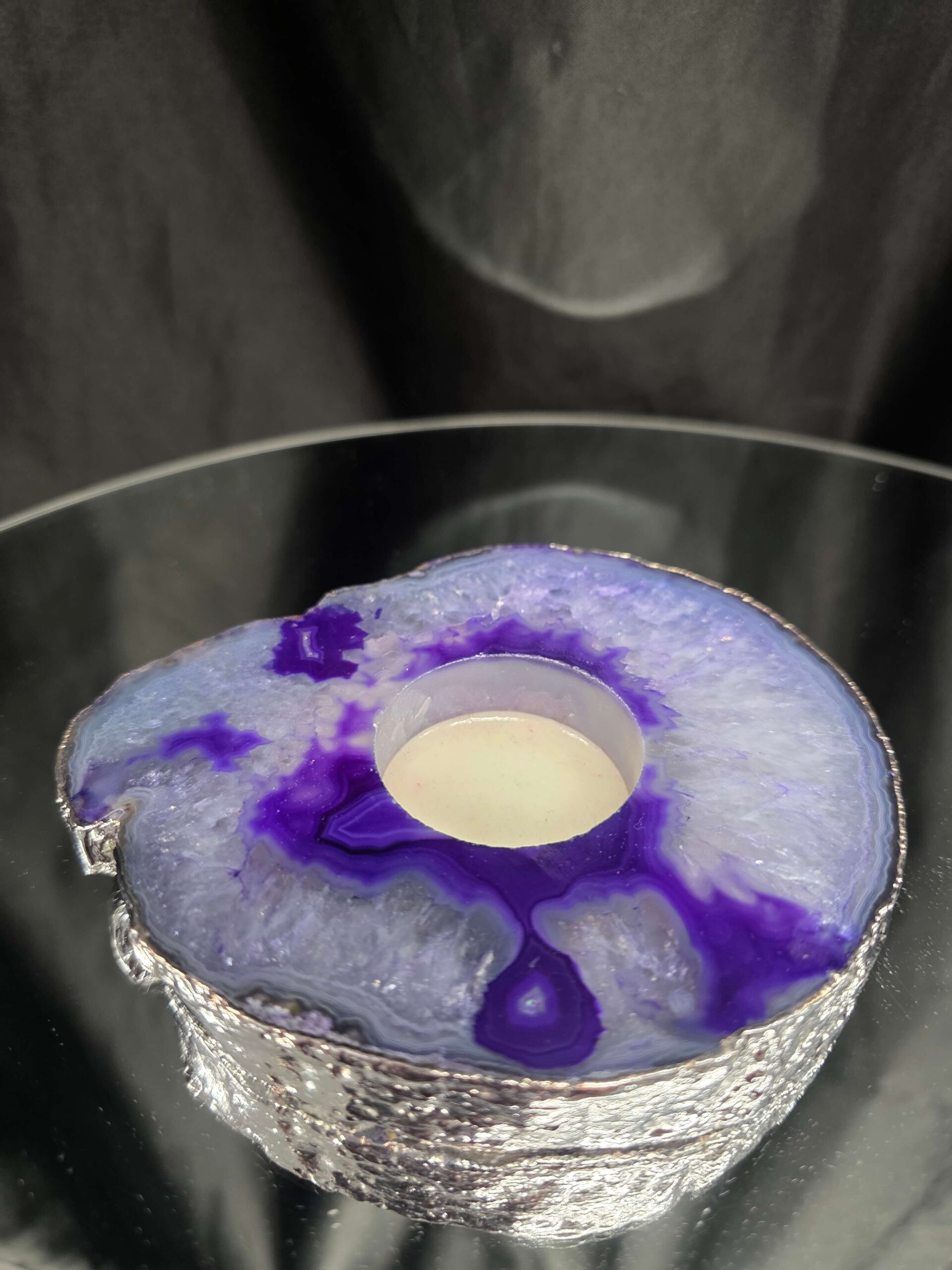 Purple Agate Slice 2 Handpicked 404g H2xW13xD11cm Microcrystalline Quartz Silver Gilded Tealight Candle Holder