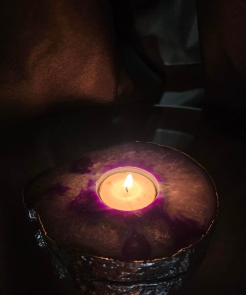 Purple Agate Slice 2 Handpicked 404g H2xW13xD11cm Microcrystalline Quartz Silver Gilded Tealight Candle Holder - Image 11