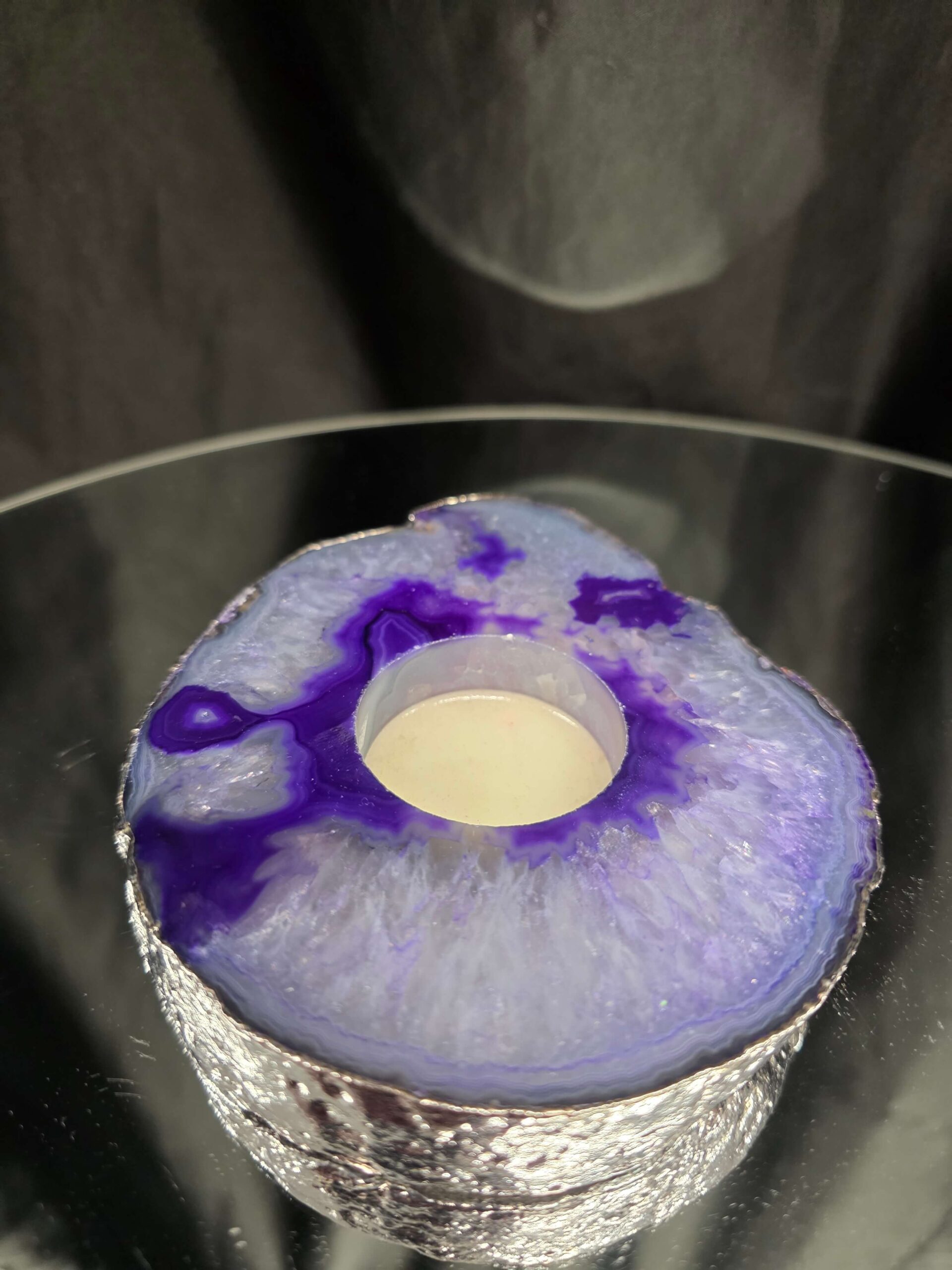 Purple Agate Slice 2 Handpicked 404g H2xW13xD11cm Microcrystalline Quartz Silver Gilded Tealight Candle Holder - Image 2