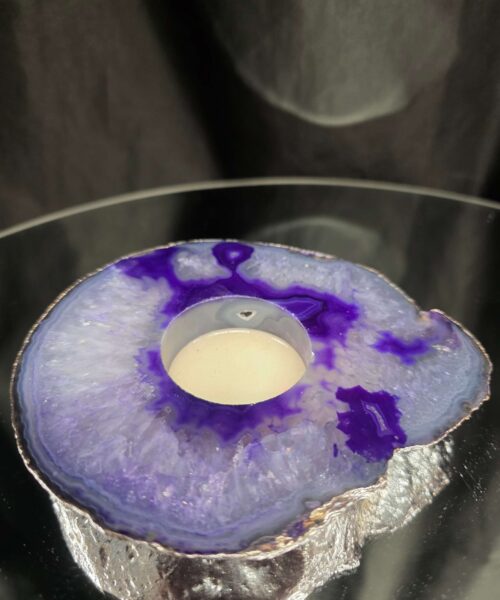 Purple Agate Slice 2 Handpicked 404g H2xW13xD11cm Microcrystalline Quartz Silver Gilded Tealight Candle Holder - Image 3