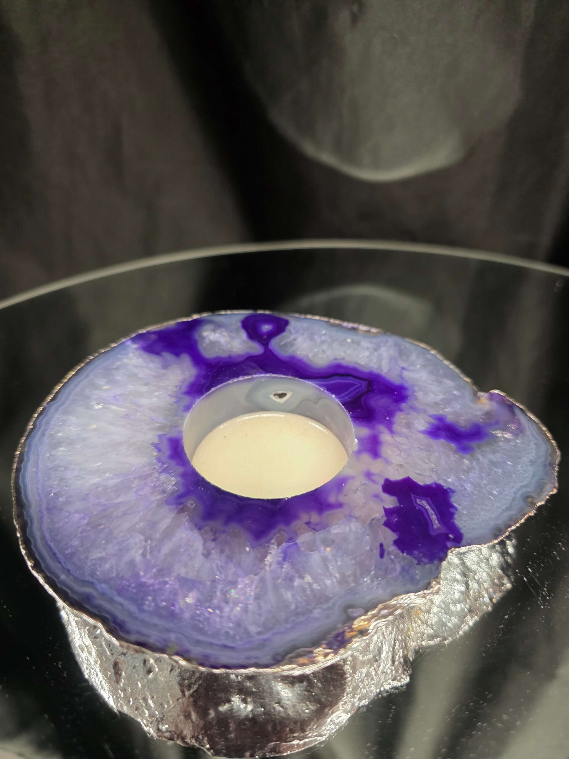 Purple Agate Slice 2 Handpicked 404g H2xW13xD11cm Microcrystalline Quartz Silver Gilded Tealight Candle Holder - Image 3