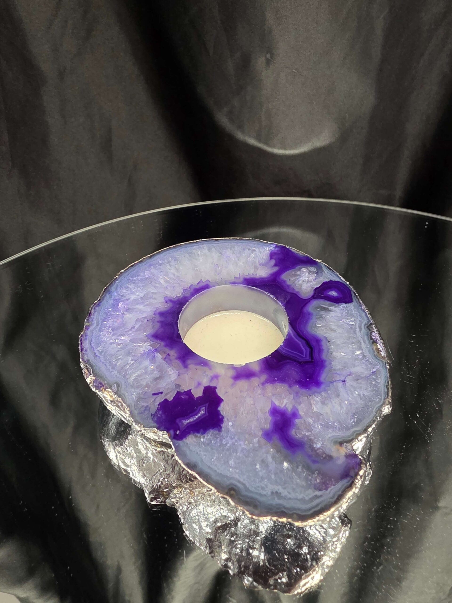 Purple Agate Slice 2 Handpicked 404g H2xW13xD11cm Microcrystalline Quartz Silver Gilded Tealight Candle Holder - Image 4