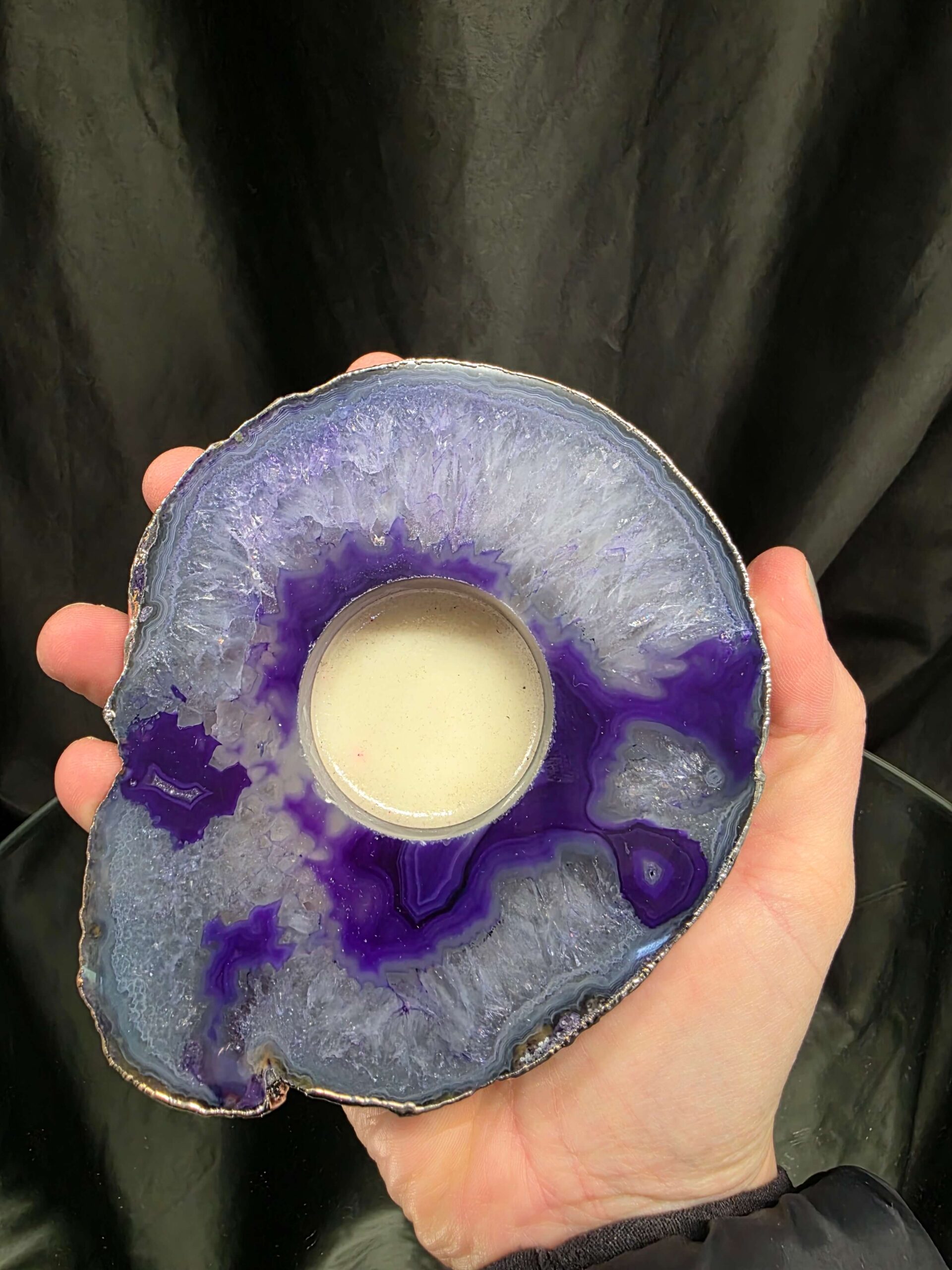 Purple Agate Slice 2 Handpicked 404g H2xW13xD11cm Microcrystalline Quartz Silver Gilded Tealight Candle Holder - Image 5