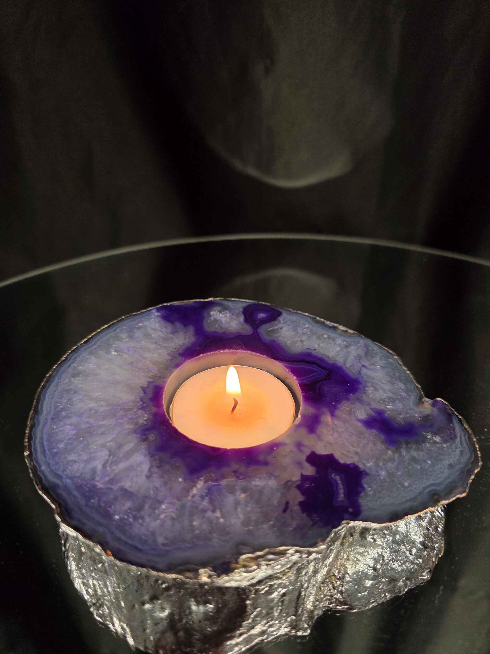 Purple Agate Slice 2 Handpicked 404g H2xW13xD11cm Microcrystalline Quartz Silver Gilded Tealight Candle Holder - Image 9