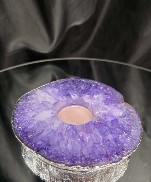 Purple Agate Slice 3 Handpicked 457g H2xW13xD12cm Microcrystalline Quartz Silver Gilded Tealight Candle Holder