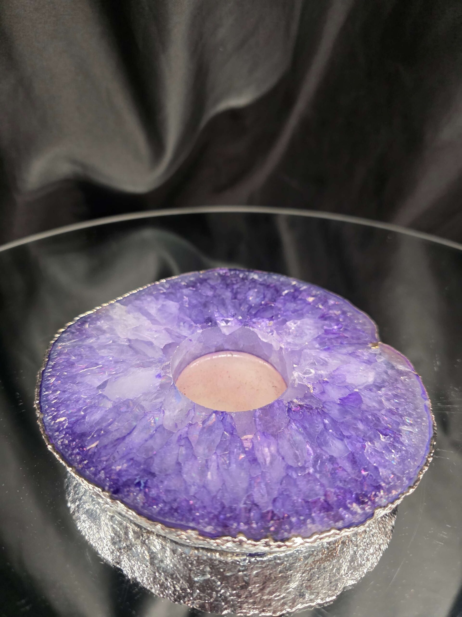 Purple Agate Slice 3 Handpicked 457g H2xW13xD12cm Microcrystalline Quartz Silver Gilded Tealight Candle Holder