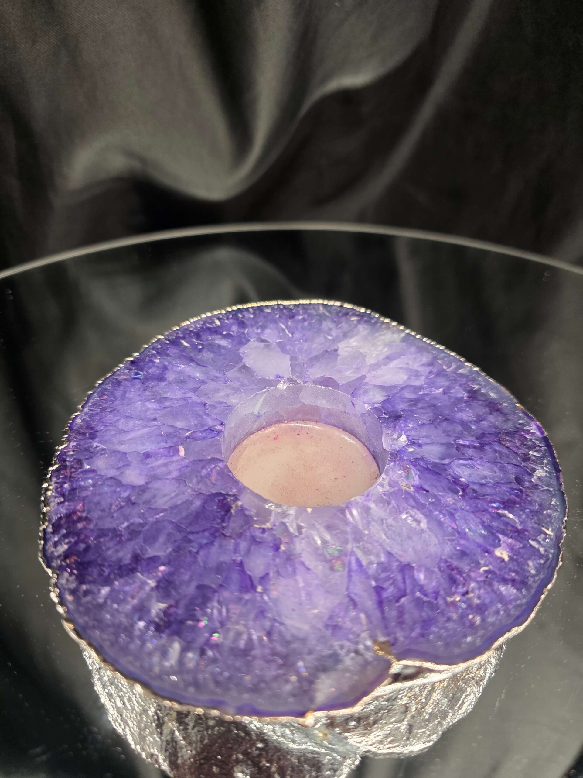 Purple Agate Slice 3 Handpicked 457g H2xW13xD12cm Microcrystalline Quartz Silver Gilded Tealight Candle Holder - Image 2
