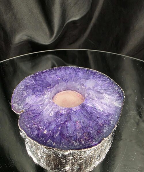 Purple Agate Slice 3 Handpicked 457g H2xW13xD12cm Microcrystalline Quartz Silver Gilded Tealight Candle Holder - Image 3