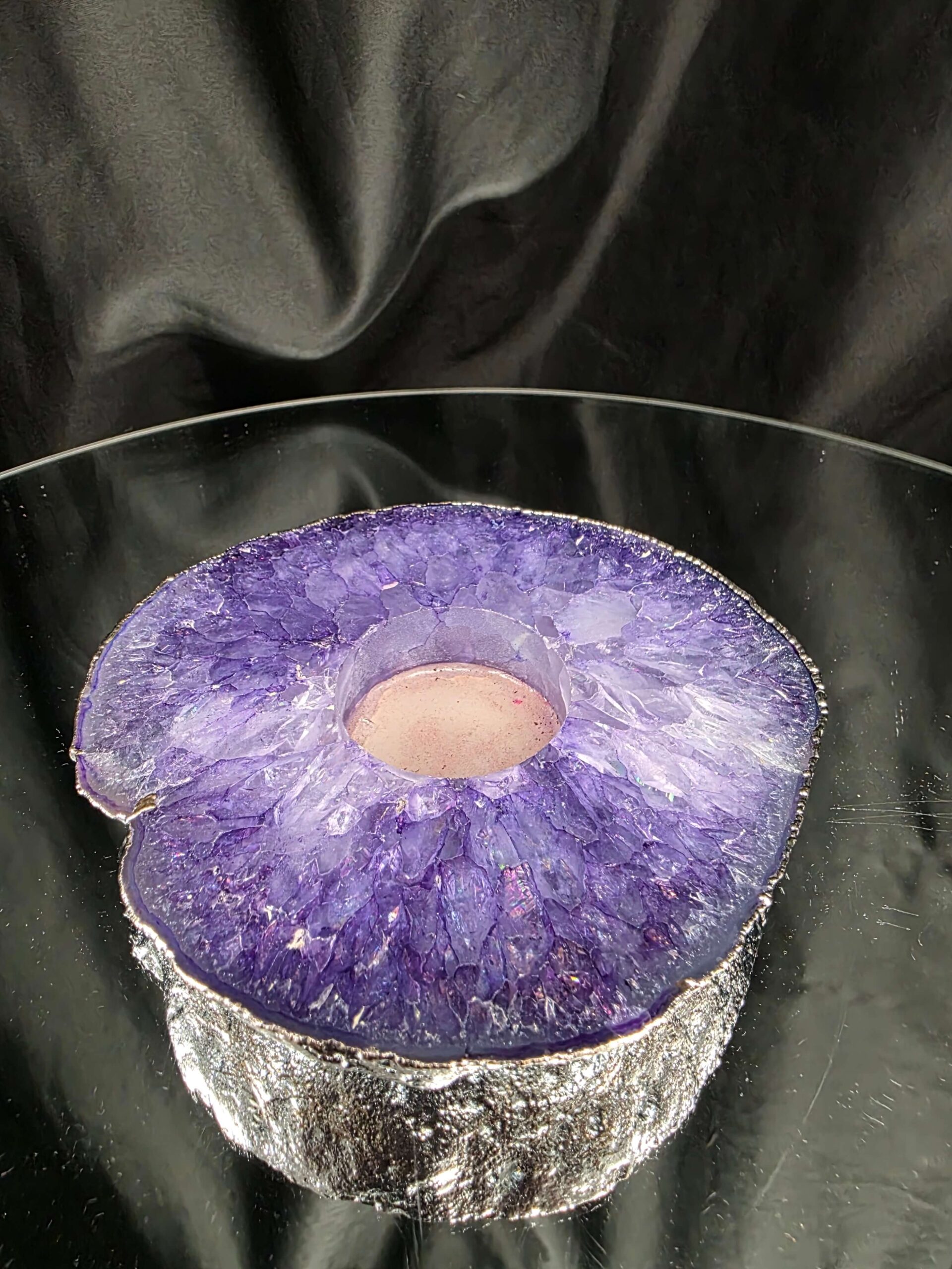 Purple Agate Slice 3 Handpicked 457g H2xW13xD12cm Microcrystalline Quartz Silver Gilded Tealight Candle Holder - Image 3