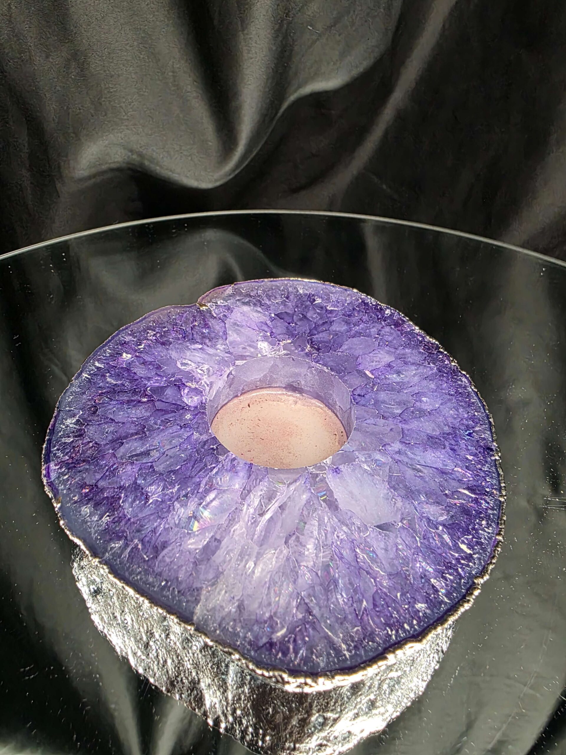 Purple Agate Slice 3 Handpicked 457g H2xW13xD12cm Microcrystalline Quartz Silver Gilded Tealight Candle Holder - Image 4