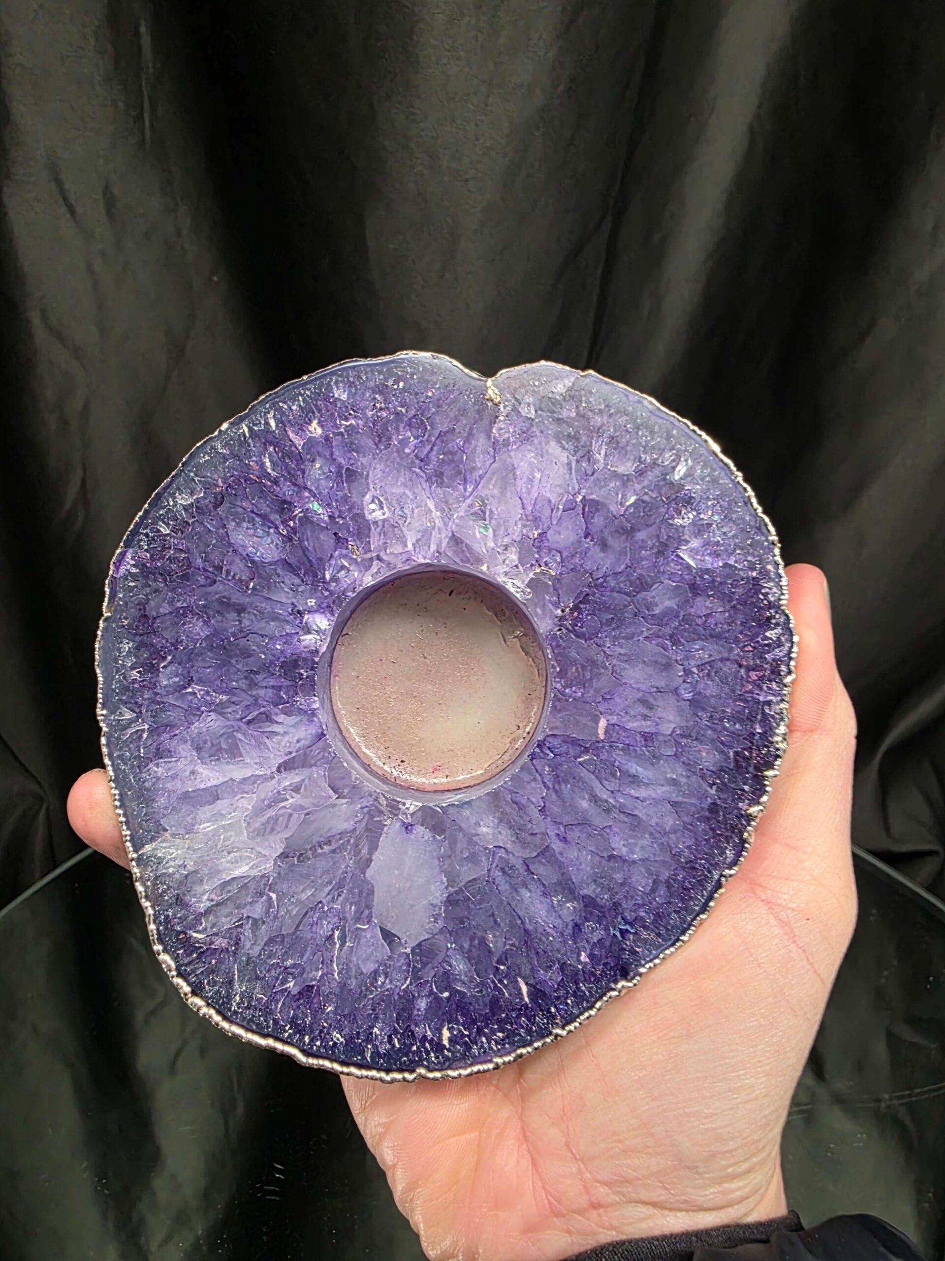 Purple Agate Slice 3 Handpicked 457g H2xW13xD12cm Microcrystalline Quartz Silver Gilded Tealight Candle Holder - Image 5