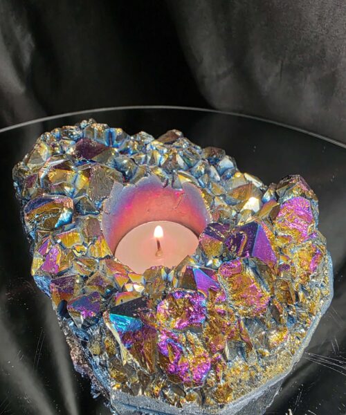 Rainbow Quartz Candle No. 5 Aura, Titanium, Point, Cluster, Gemstone Tealight Holder 703g H6xW12xD10cm
