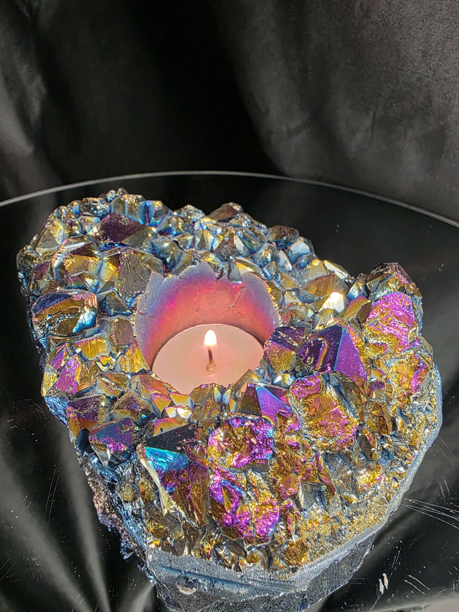 Rainbow Quartz Candle No. 5 Aura, Titanium, Point, Cluster, Gemstone Tealight Holder 703g H6xW12xD10cm