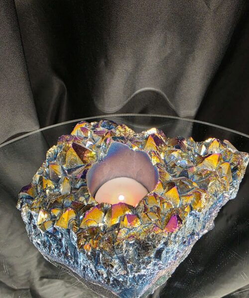 Rainbow Quartz Candle No. 4 Aura, Titanium, Point, Cluster, Gemstone Tealight Holder 969g H5.5xW15xD12cm