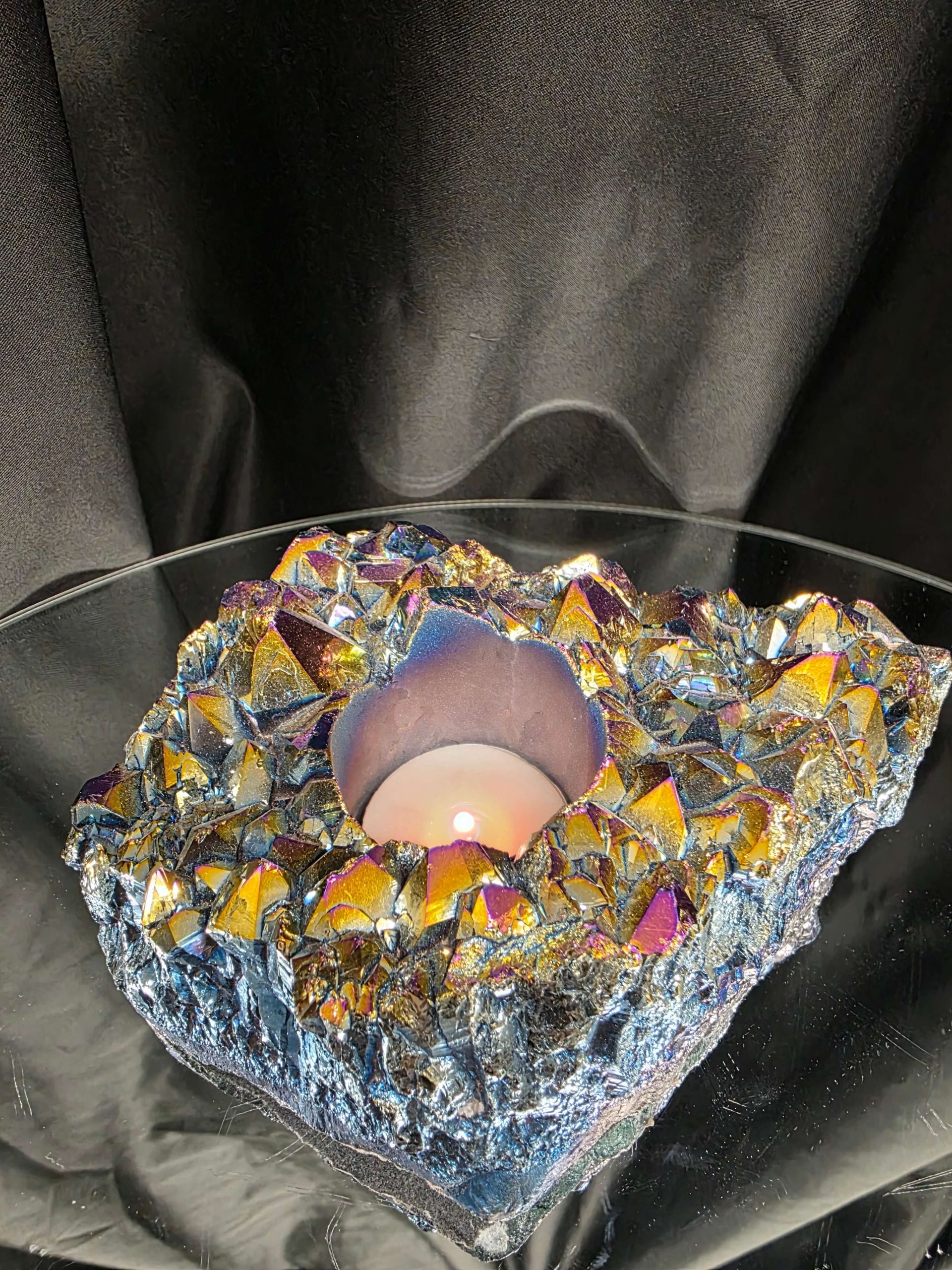 Rainbow Quartz Candle No. 4 Aura, Titanium, Point, Cluster, Gemstone Tealight Holder 969g H5.5xW15xD12cm