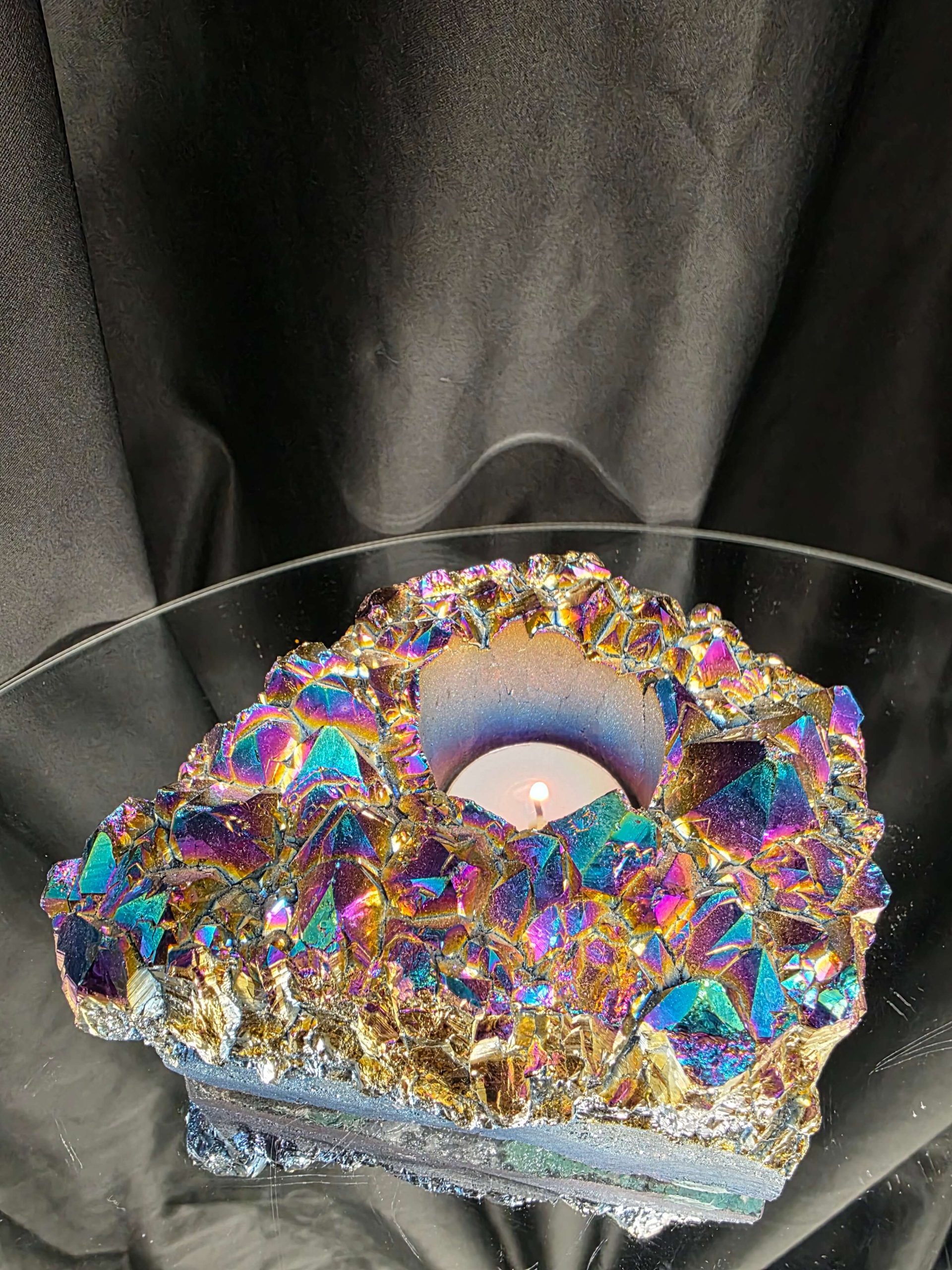 Rainbow Quartz Candle No. 4 Aura, Titanium, Point, Cluster, Gemstone Tealight Holder 969g H5.5xW15xD12cm - Image 10