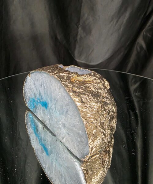 Large Teal Agate End Candle 3 Handpicked 914g H6xW12.5xD8cm Microcrystalline Quartz Gold Gilded 24ct Gold Tealight Holder - Image 4