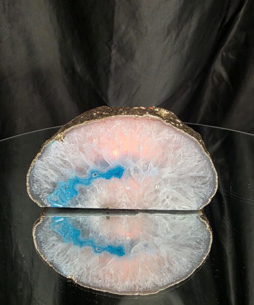 Large Teal Agate End Candle 3 Handpicked 914g H6xW12.5xD8cm Microcrystalline Quartz Gold Gilded 24ct Gold Tealight Holder