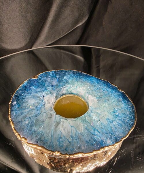 Alternative view of Large Teal Agate Slice Candle 1 Microcrystalline Quartz Gold Gilded 24ct Tealight Holder Ornament 493g H2xW13xD10cm