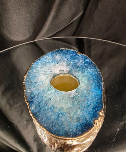 Large Teal Agate Slice Candle 1 Microcrystalline Quartz Gold Gilded 24ct Tealight Holder Ornament 493g H2xW13xD10cm - Image 3