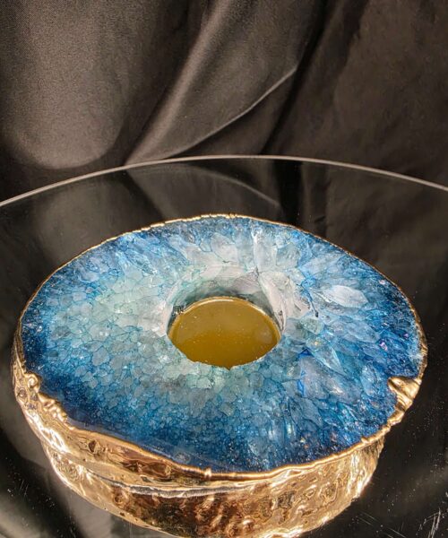 Large Teal Agate Slice Candle 1 Microcrystalline Quartz Gold Gilded 24ct Tealight Holder Ornament 493g H2xW13xD10cm - Image 4