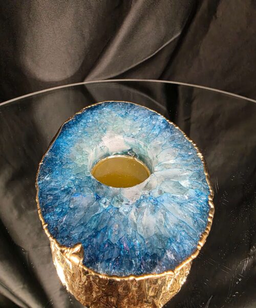 Large Teal Agate Slice Candle 1 Microcrystalline Quartz Gold Gilded 24ct Tealight Holder Ornament 493g H2xW13xD10cm - Image 5