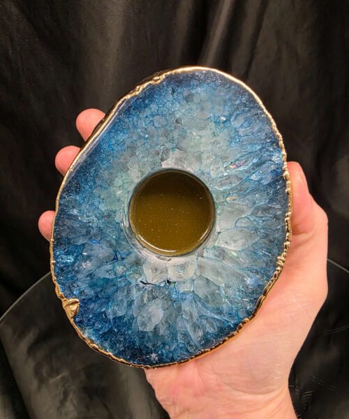Large Teal Agate Slice Candle 1 Microcrystalline Quartz Gold Gilded 24ct Tealight Holder Ornament 493g H2xW13xD10cm - Image 6