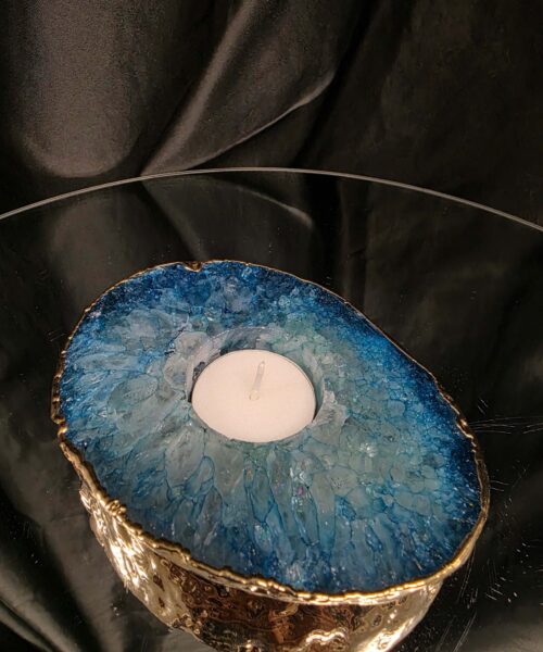 Large Teal Agate Slice Candle 1 Microcrystalline Quartz Gold Gilded 24ct Tealight Holder Ornament 493g H2xW13xD10cm - Image 8