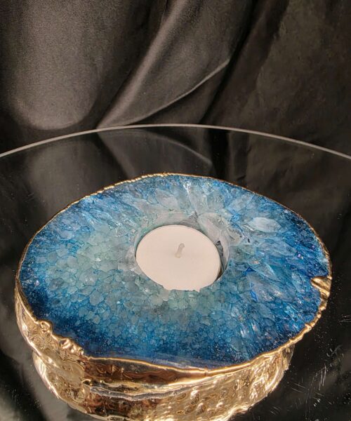 Large Teal Agate Slice Candle 1 Microcrystalline Quartz Gold Gilded 24ct Tealight Holder Ornament 493g H2xW13xD10cm - Image 9