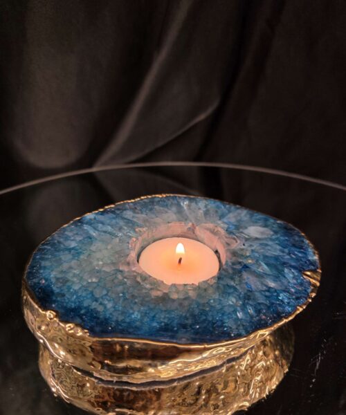Large Teal Agate Slice Candle 1 Microcrystalline Quartz Gold Gilded 24ct Tealight Holder Ornament 493g H2xW13xD10cm
