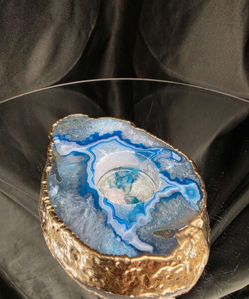 Large Teal Agate Slice Candle 2 Handpicked Quartz Gold Gilded 24ct Tealight Holder Ornament 511g H2xW13xD10.5cm