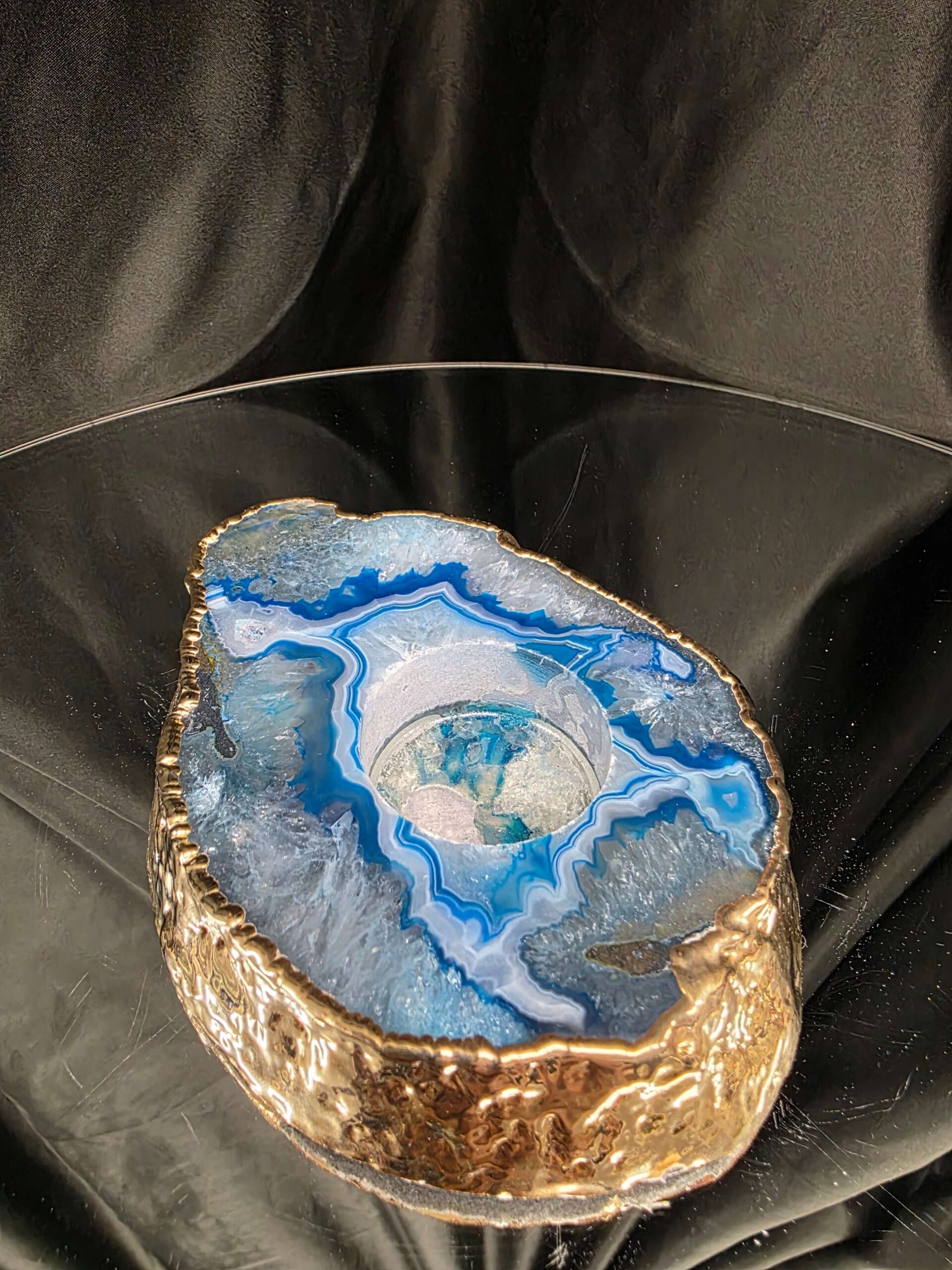 Large Teal Agate Slice Candle 2 Handpicked Quartz Gold Gilded 24ct Tealight Holder Ornament 511g H2xW13xD10.5cm