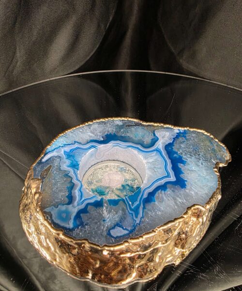 Alternative view of Large Teal Agate Slice Candle 2 Handpicked Quartz Gold Gilded 24ct Tealight Holder Ornament 511g H2xW13xD10.5cm
