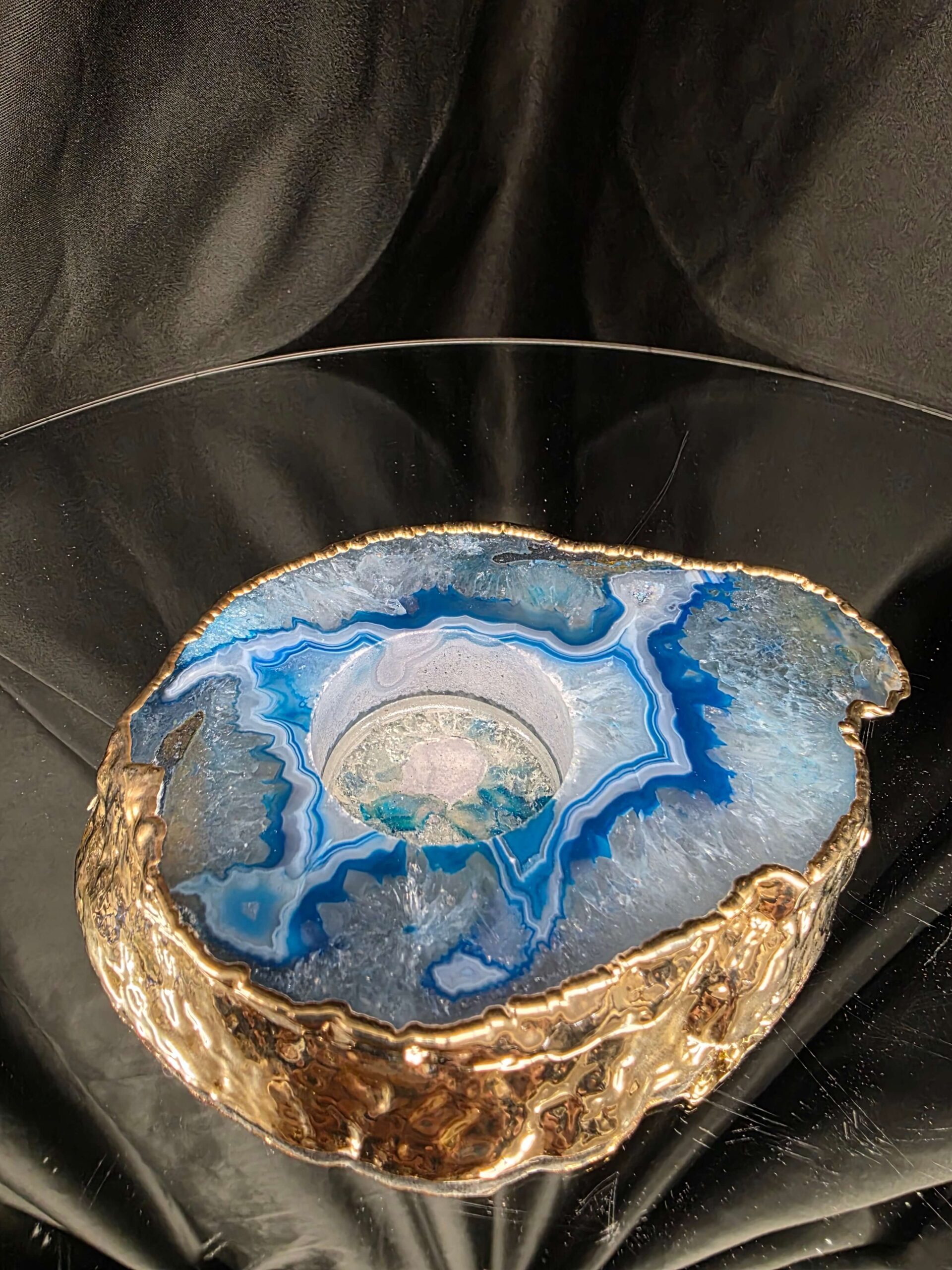 Large Teal Agate Slice Candle 2 Handpicked Quartz Gold Gilded 24ct Tealight Holder Ornament 511g H2xW13xD10.5cm - Image 2