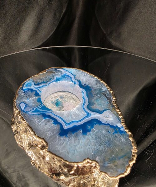 Large Teal Agate Slice Candle 2 Handpicked Quartz Gold Gilded 24ct Tealight Holder Ornament 511g H2xW13xD10.5cm - Image 3