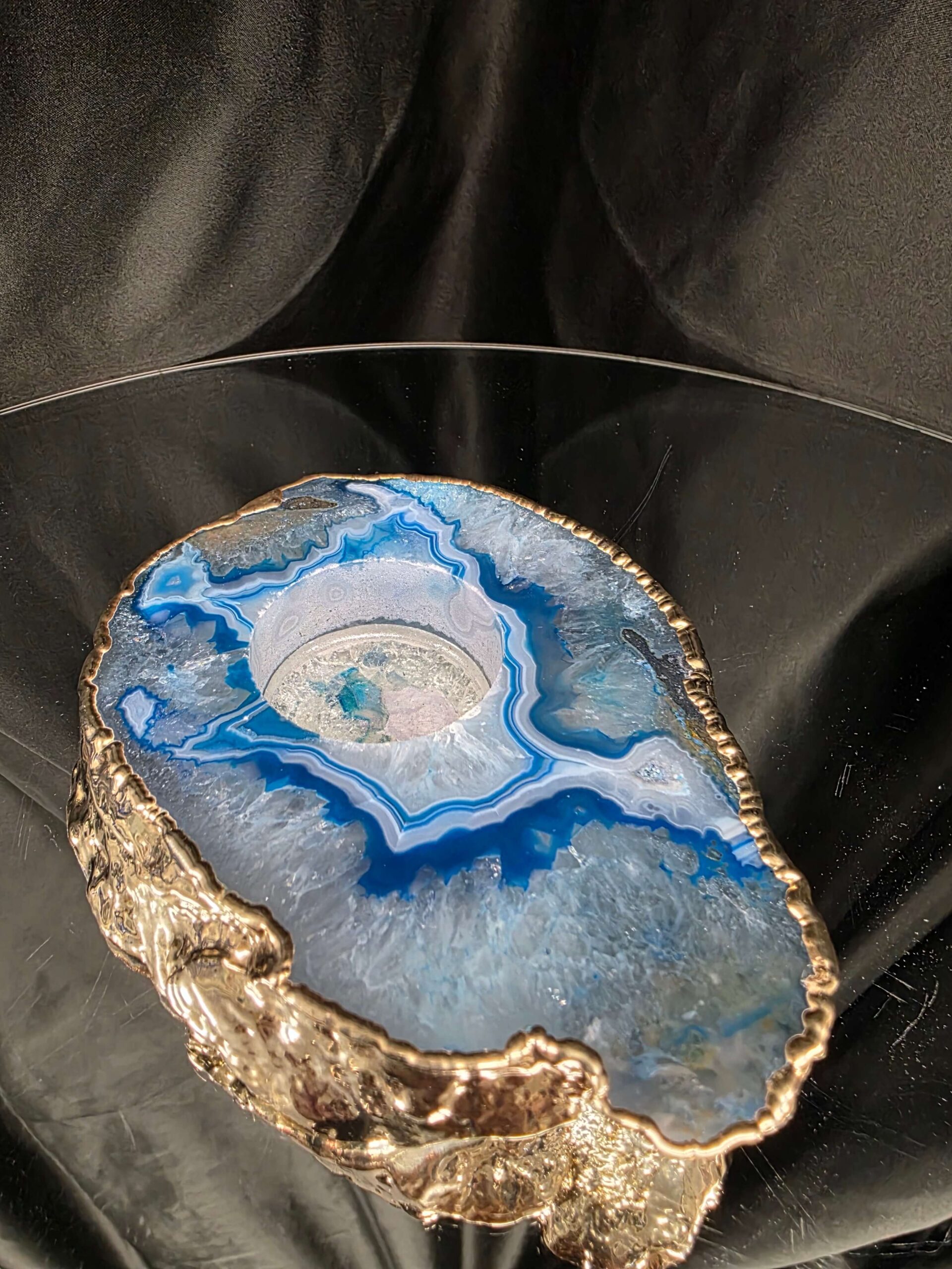 Large Teal Agate Slice Candle 2 Handpicked Quartz Gold Gilded 24ct Tealight Holder Ornament 511g H2xW13xD10.5cm - Image 3