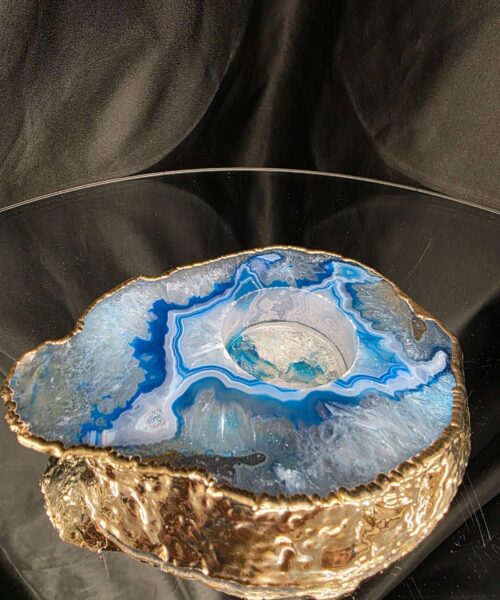 Large Teal Agate Slice Candle 2 Handpicked Quartz Gold Gilded 24ct Tealight Holder Ornament 511g H2xW13xD10.5cm - Image 4