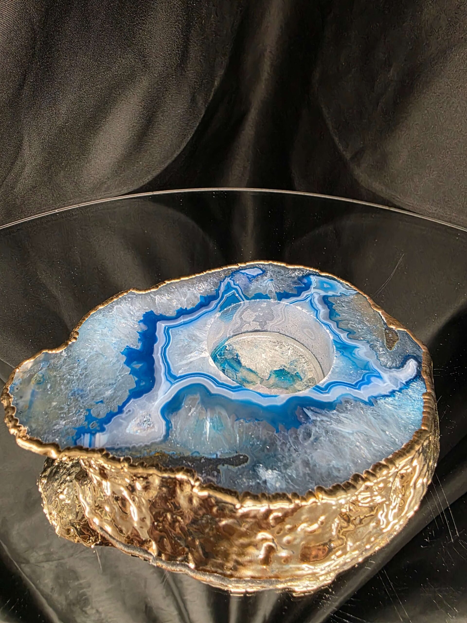 Large Teal Agate Slice Candle 2 Handpicked Quartz Gold Gilded 24ct Tealight Holder Ornament 511g H2xW13xD10.5cm - Image 4